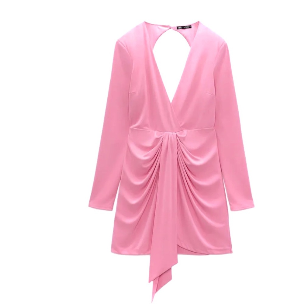 Zara Barbie Pink Draped Knotted Mini Dress Small - Picture 2 of 13